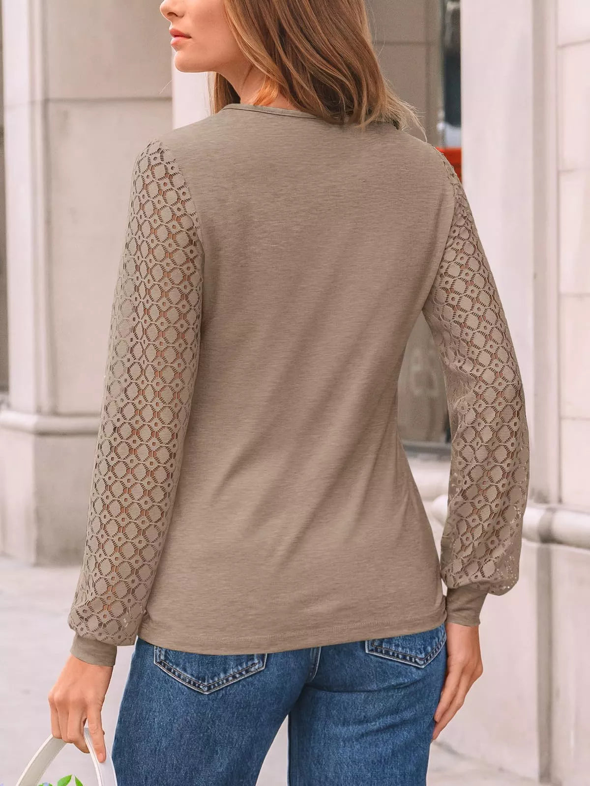 Lace Sleeve Crew Neck T-Shirt OutfitFlow