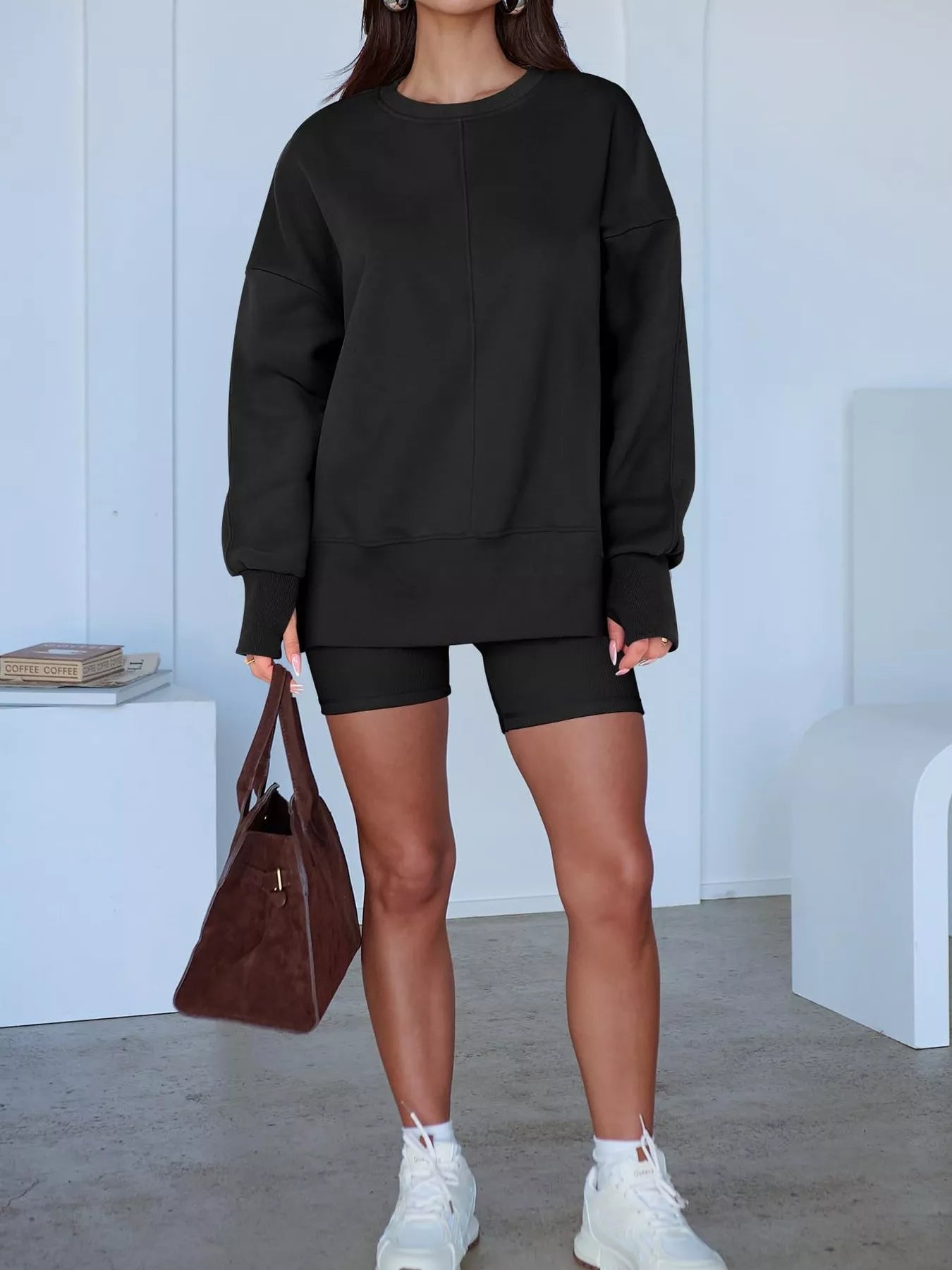 Side Slit Round Neck Long Sleeve Sweatshirt OutfitFlow