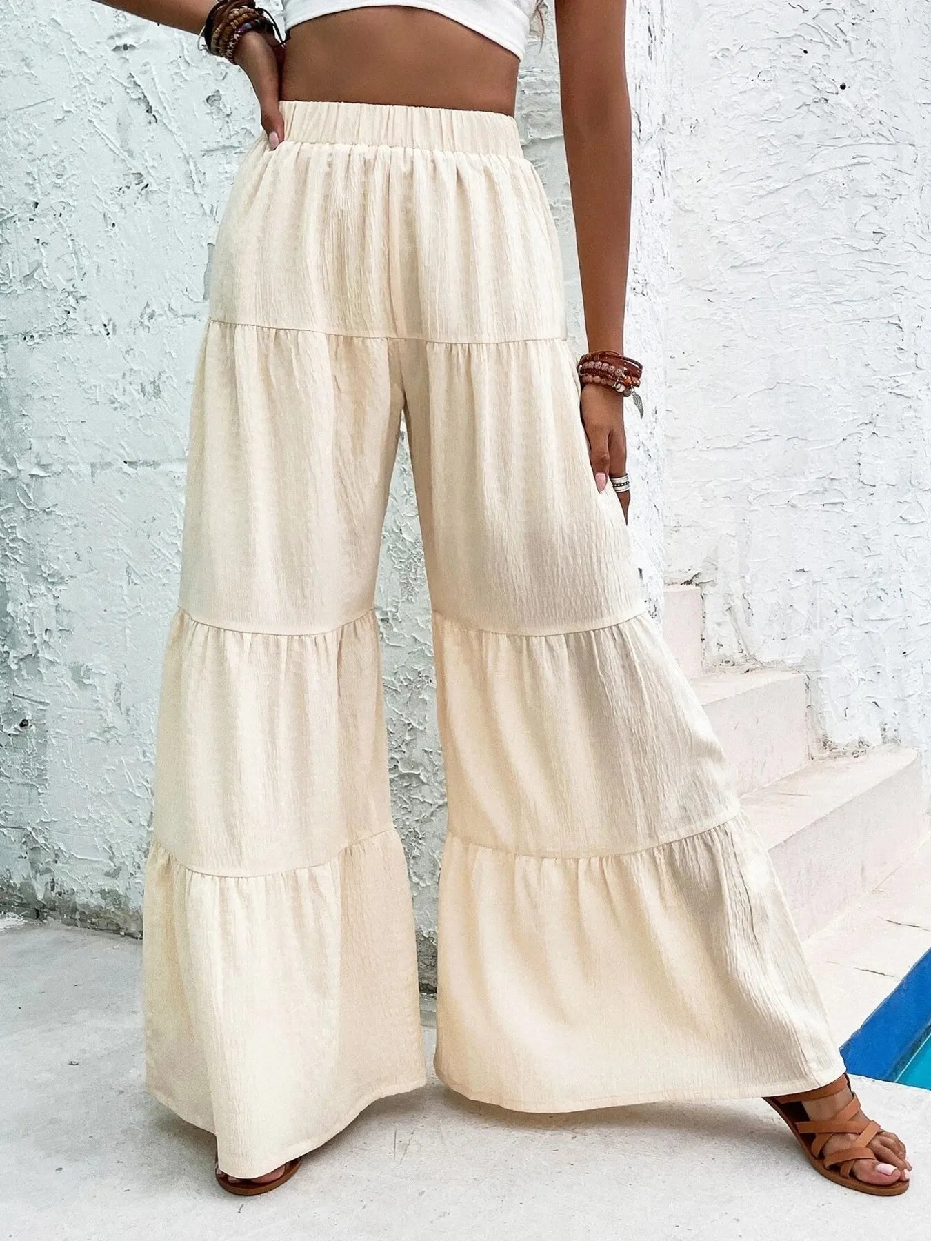 Tiered Ruffle Wide Leg Pants Apricot OutfitFlow
