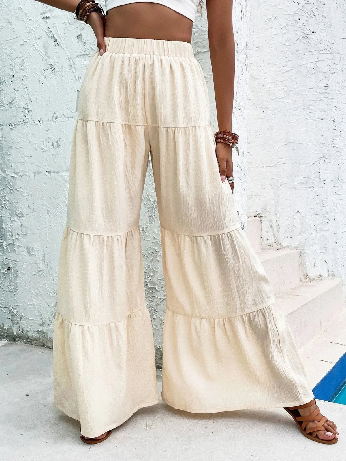 Tiered Ruffle Wide Leg Pants Apricot OutfitFlow