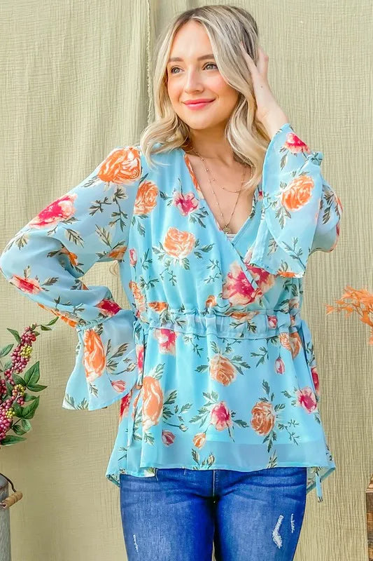 And The Why Floral Print Draw String Bell Sleeve Top OutfitFlow