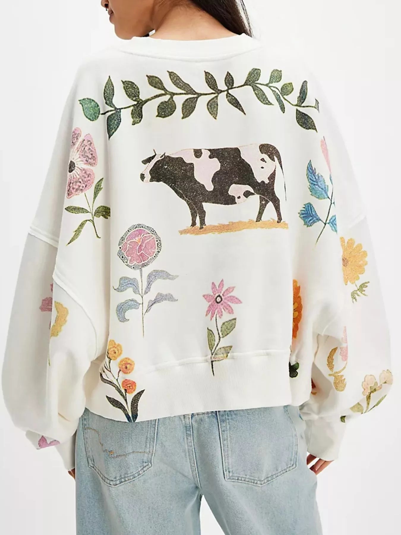 Printed Round Neck Dropped Shoulder Sweatshirt OutfitFlow