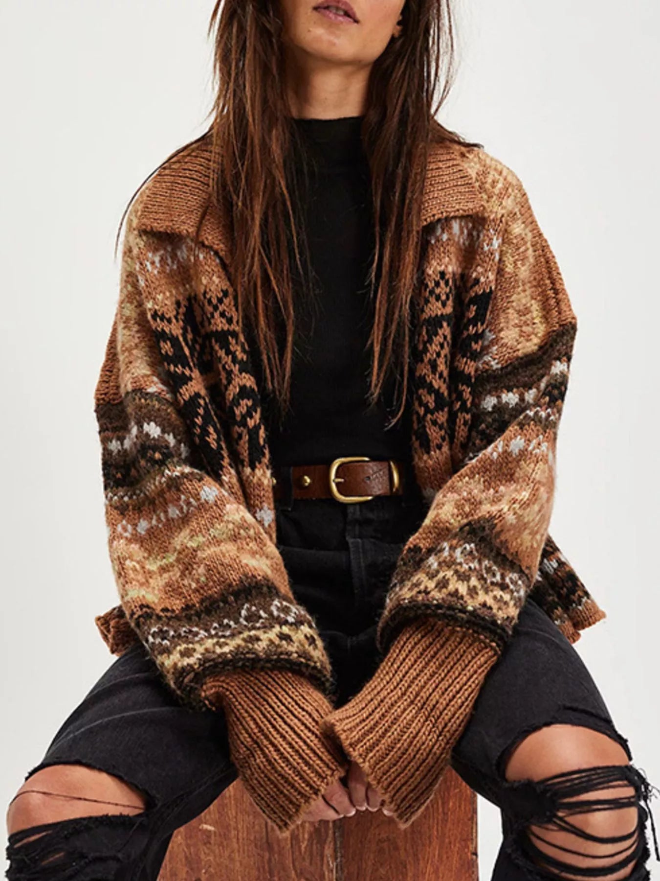 Vintage Button Up Knit Cardigan Reddish Brown OutfitFlow