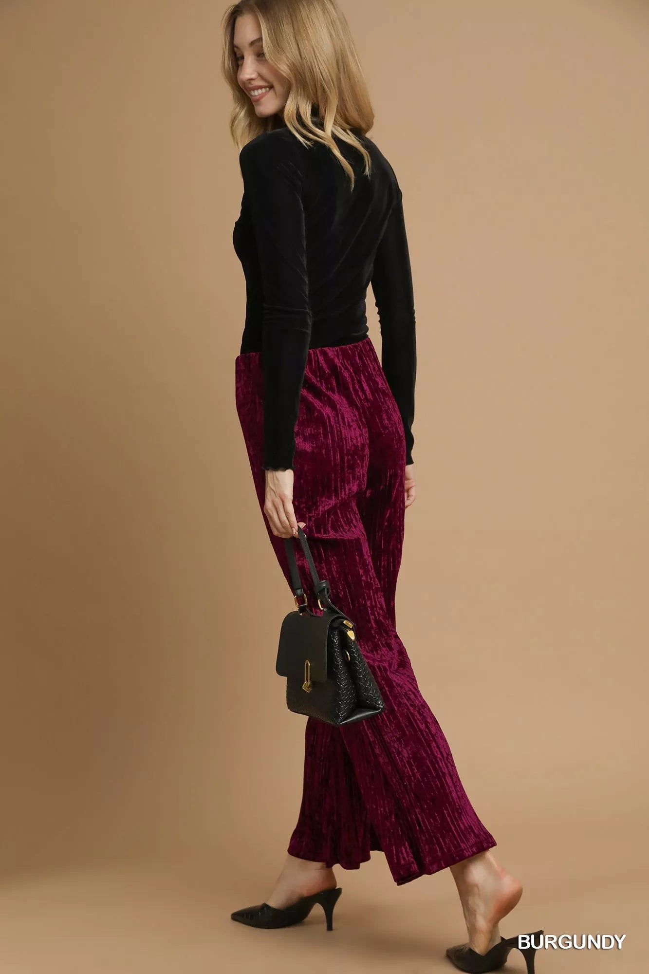 Umgee Velvet Pleated Wide Leg Pants Trendsi
