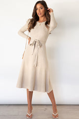 Outfit Flow - Round Neck Long Sleeve Tie Waist Sweater Dress