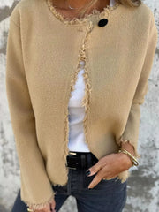 Full Size One Button Frayed Edge Cardigan Plus Size OutfitFlow