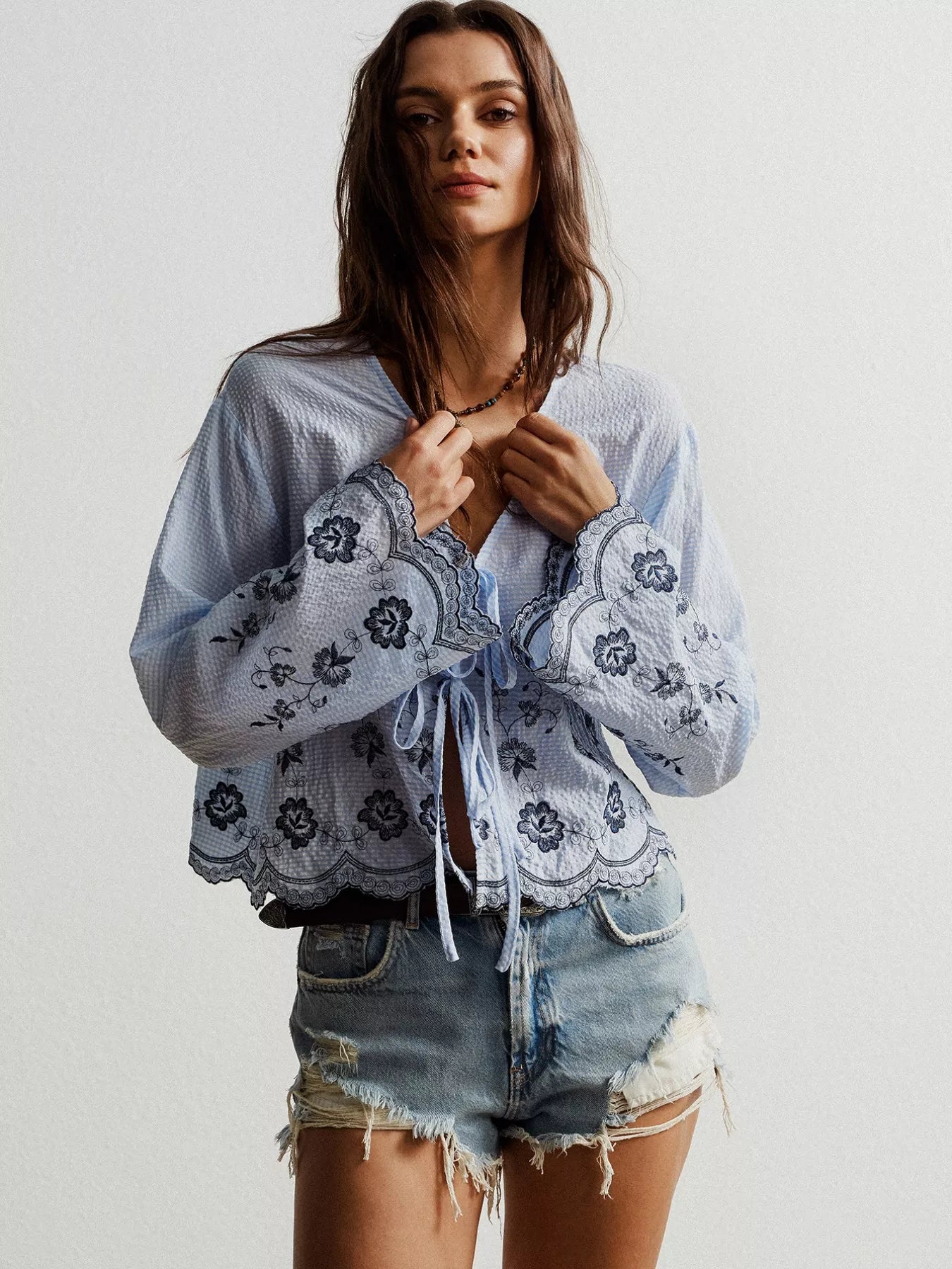 Floral Embroidered Tie-Front Blouse OutfitFlow