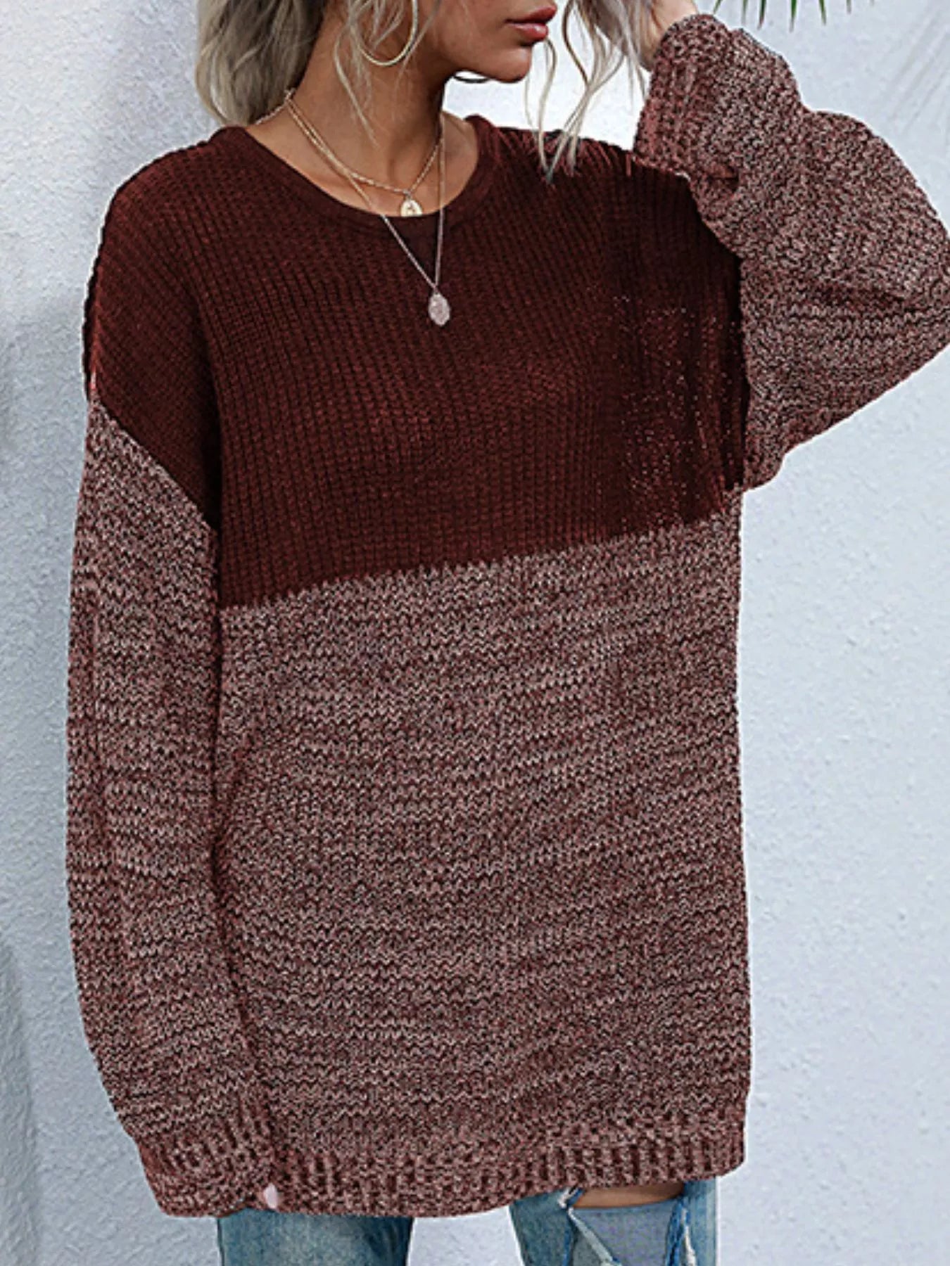 Color Block Long Sleeve Oversized Sweater OutfitFlow