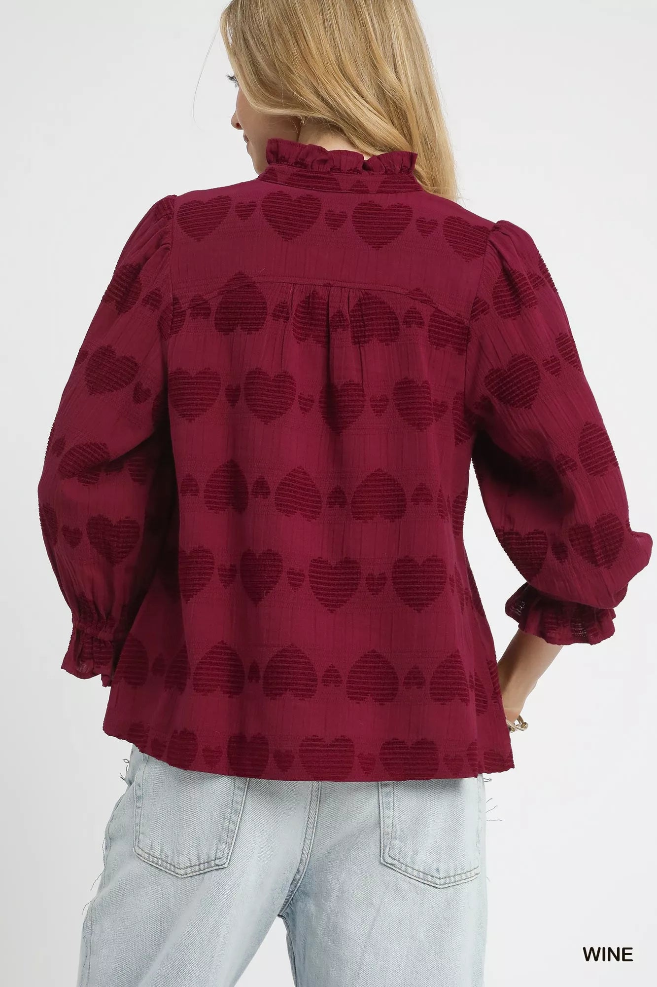 Umgee Heart Jacquard Ruffle Trim Shirt OutfitFlow