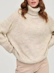 Turtleneck Long Sleeve Sweater Beige OutfitFlow