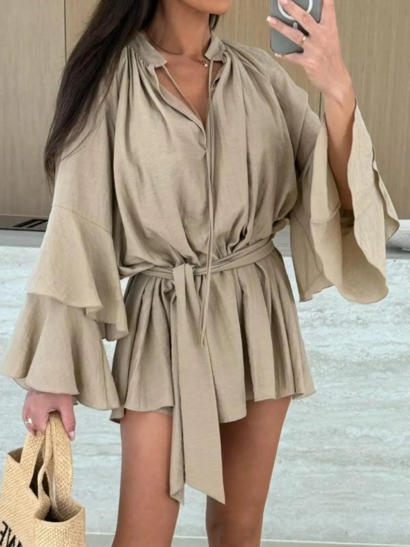 Bell Sleeve Tie Waist Mini Shirt Dress OutfitFlow
