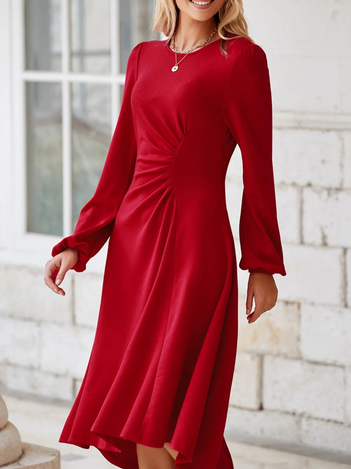 Solid Color Ruched Detail Long Sleeve Midi Dress OutfitFlow