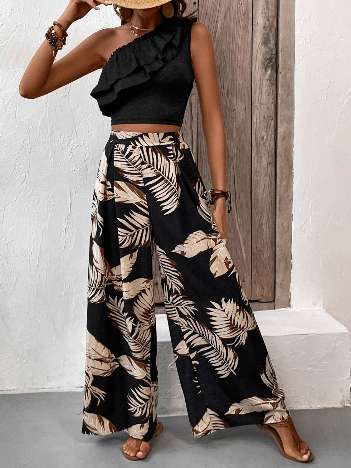 Outfit Flow - Honey Ruffled Sleeveless Top and Printed Pants Set