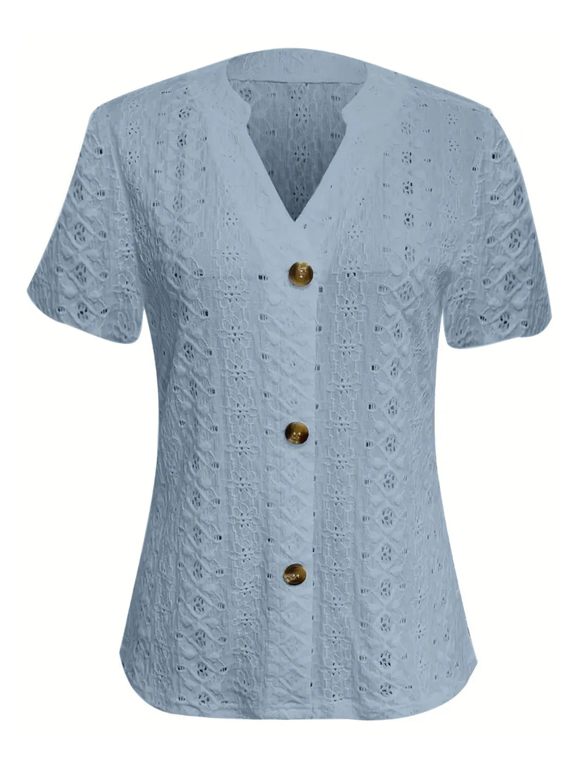 Openwork Notched Short Sleeve Top OutfitFlow