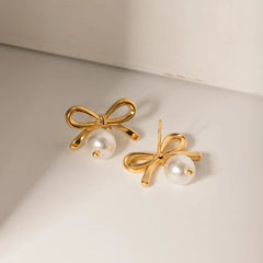 Stainless Steel Bow Pearl Earrings OutfitFlow
