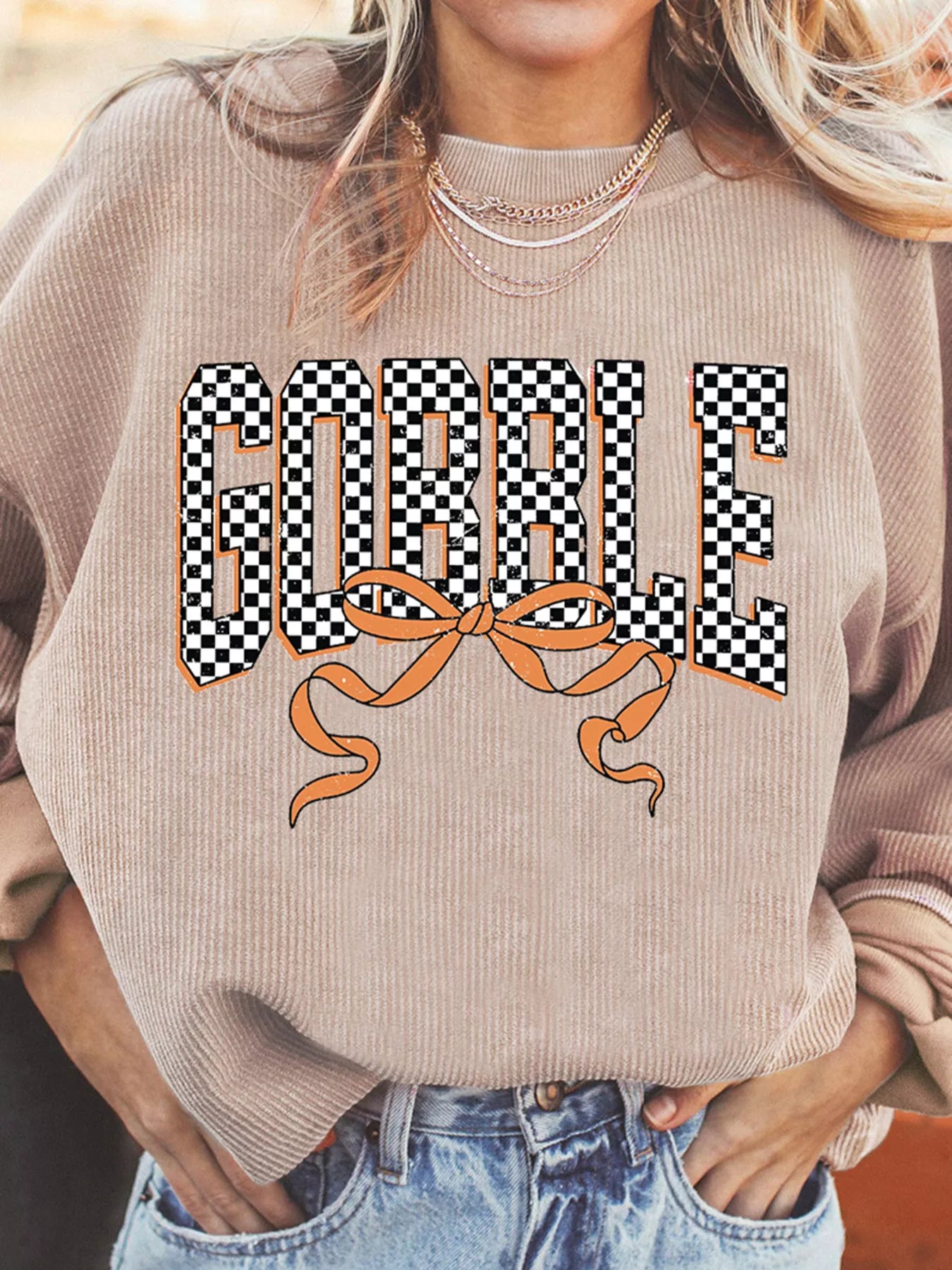 Twisted Ribbed Texture Checkered GOBBLE Bow Baggy Sweatshirt OutfitFlow