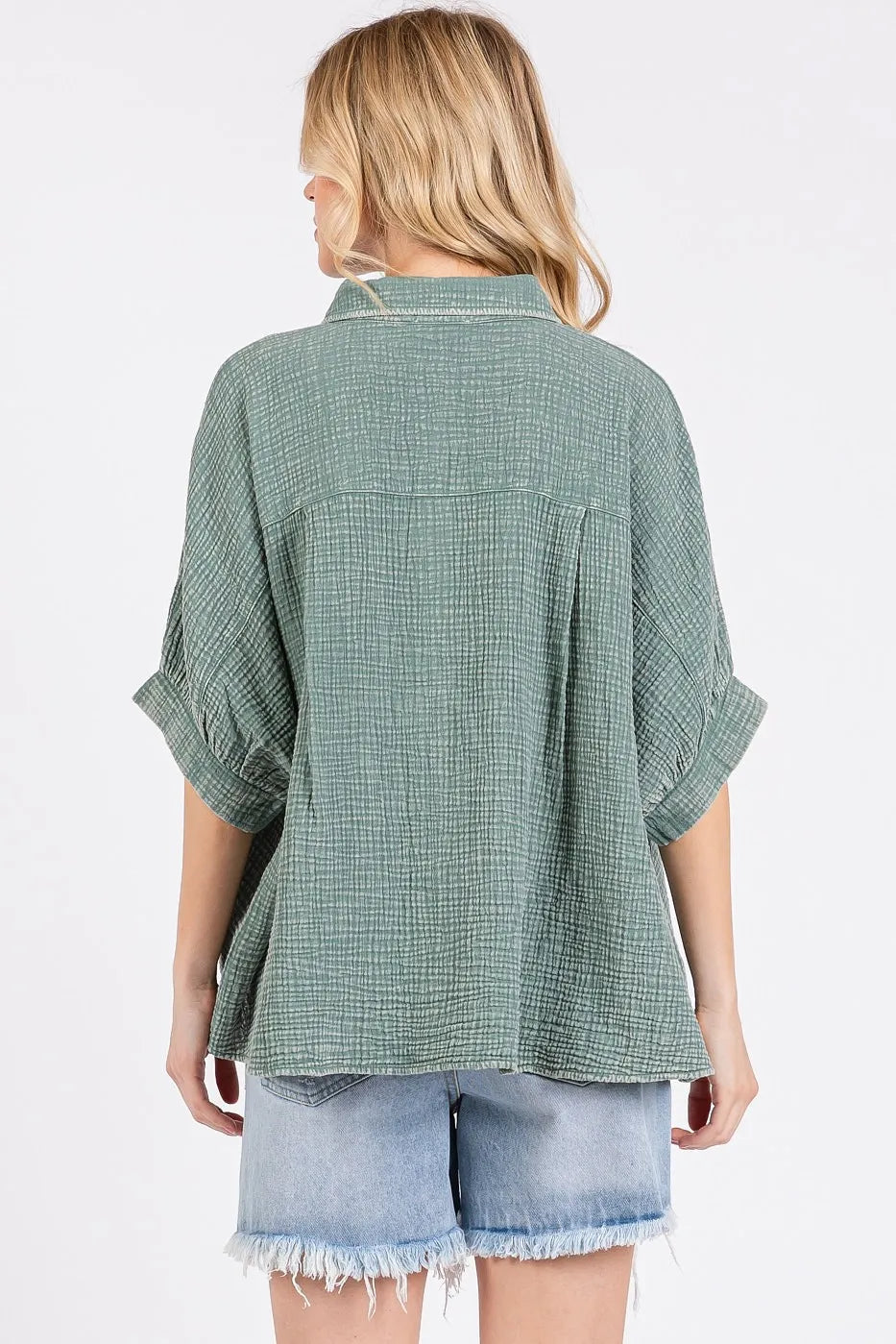 Mittoshop Mineral Wash Gauze Dolman Sleeve Button Down Shirt OutfitFlow