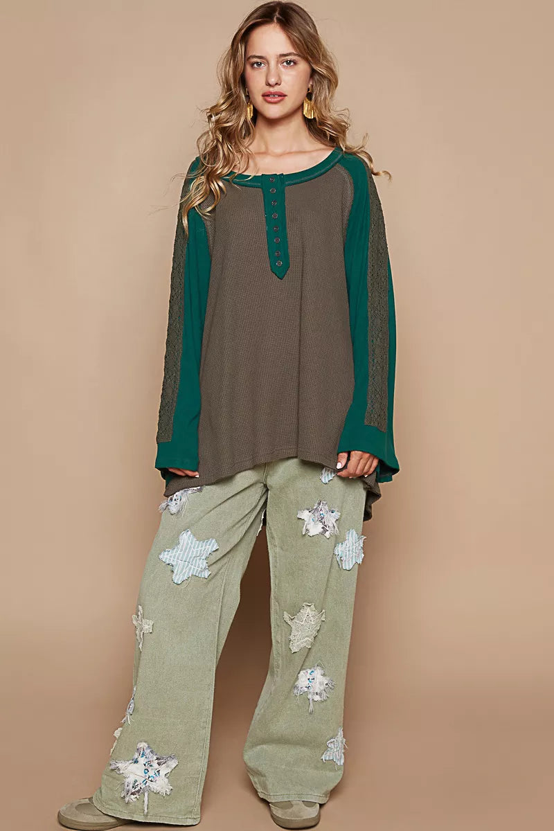 POL Scoop Neck Contrast Long Sleeve Top with Lace Detail Trendsi