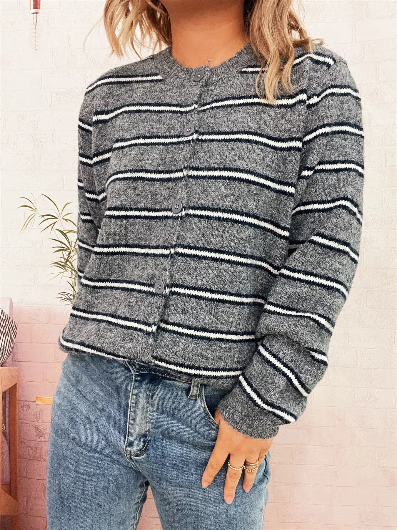 Striped Button-Up Long Sleeve Cardigan OutfitFlow
