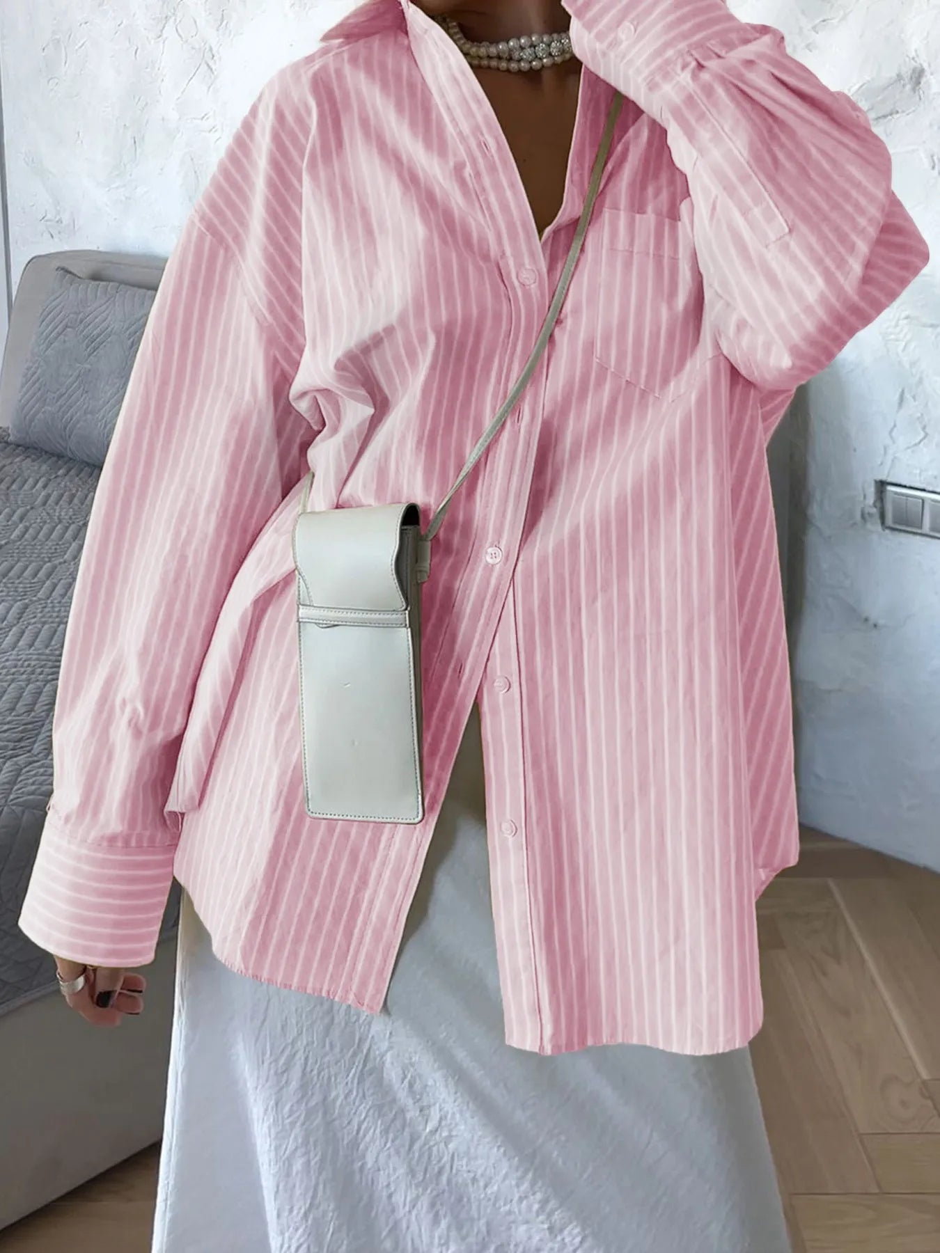 Oversized Striped Button-Down Shirt Blush Pink OutfitFlow