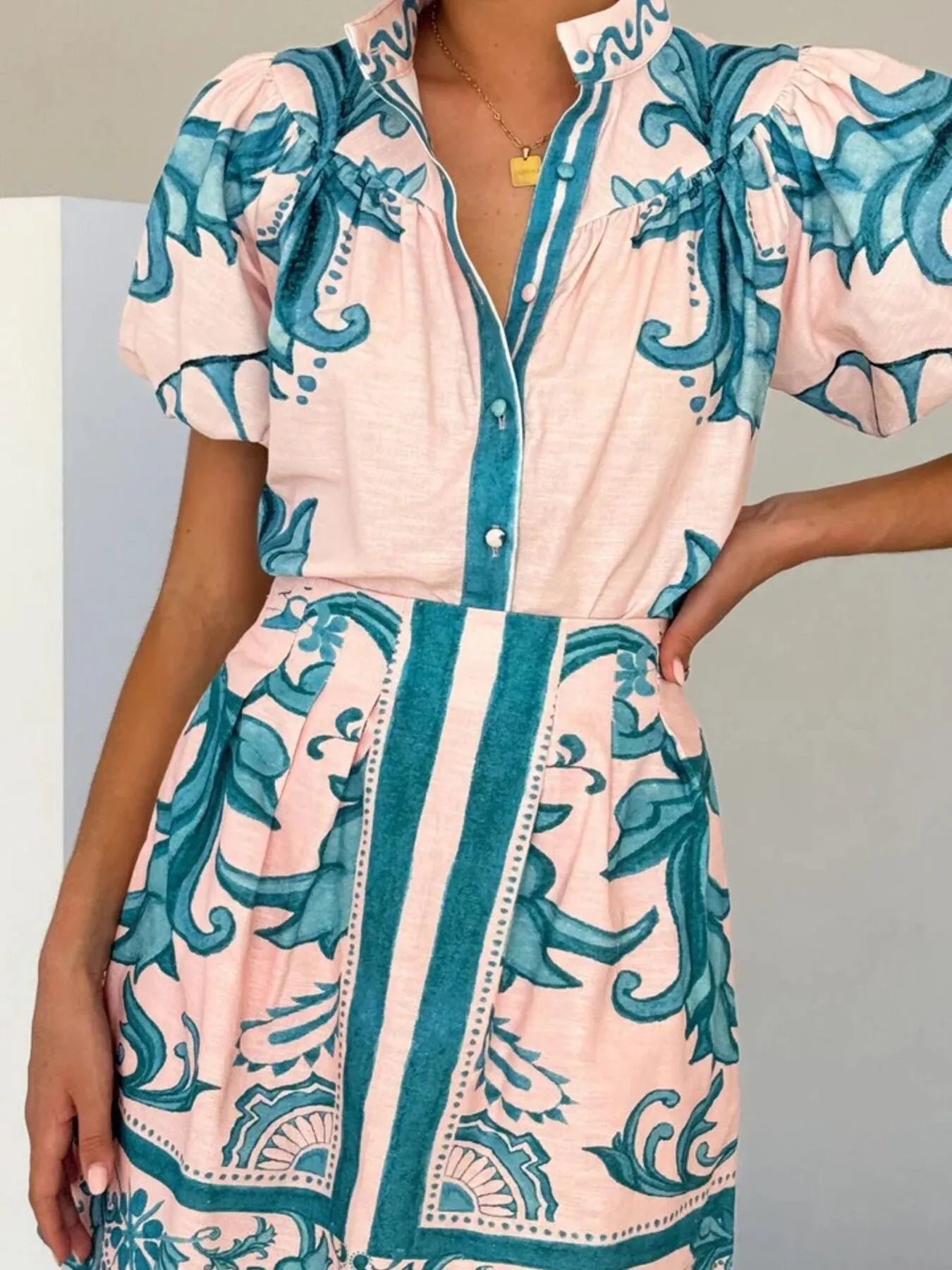 Puff Sleeve Printed Top and Zip Back Skirt Set Emerald Green OutfitFlow