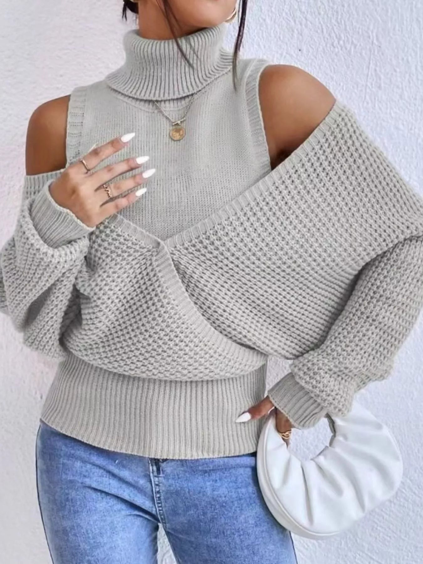 Waffle Knit Cold Shoulder Turtleneck Sweater Grey OutfitFlow