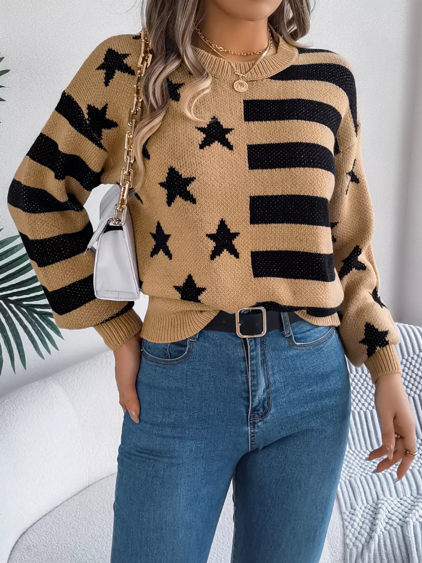 Stars and Stripes Pattern Casual Round Neck Sweater OutfitFlow