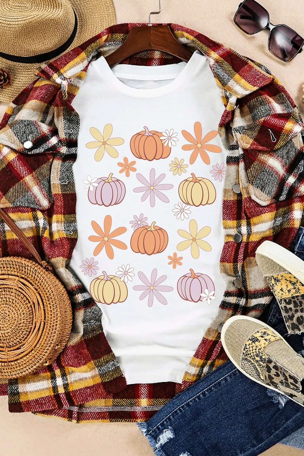 Pumpkin & Flower Round Neck Short Sleeve T-Shirt OutfitFlow