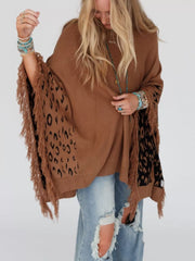 Fringe Leopard Mock Neck Batwing Sleeve Knit Top OutfitFlow