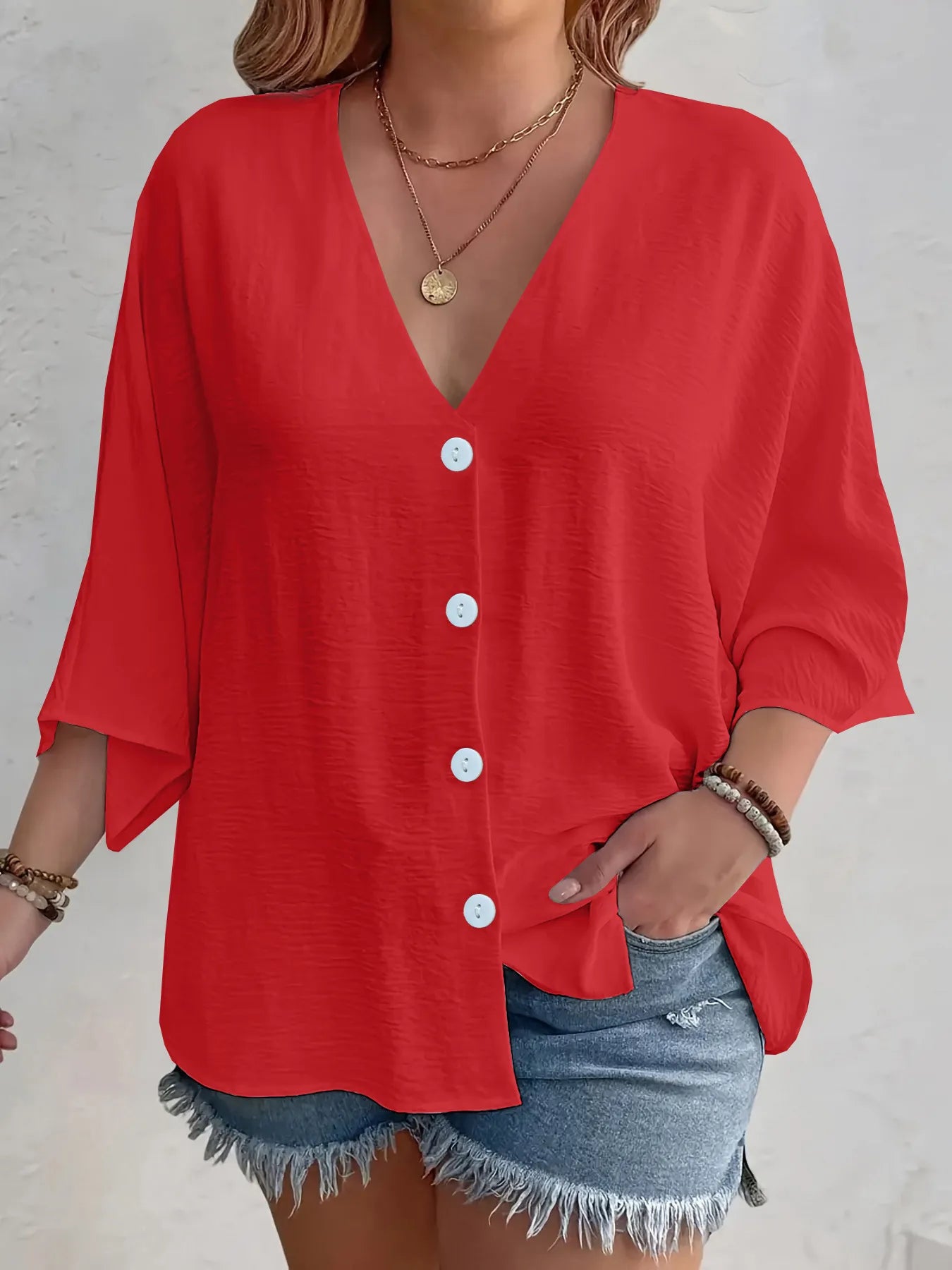 Full Size Casual V-Neck Button Down Relaxed Fit Blouse Plus Size Red OutfitFlow