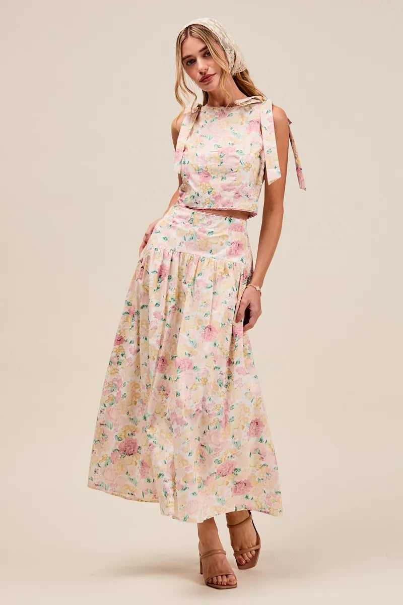 SO ME Floral Printed Woven Shoulder Bow Tie Top and Skirt Set OutfitFlow