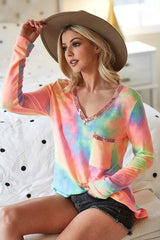 BiBi Tie Dye V-neck Terry Knit Top With Sequins OutfitFlow