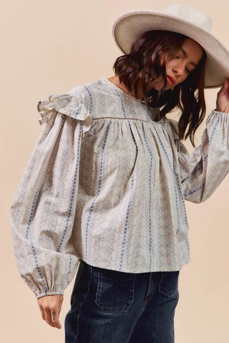 SO ME Floral Cotton Print Ruffled Long Sleeve Blouse OutfitFlow