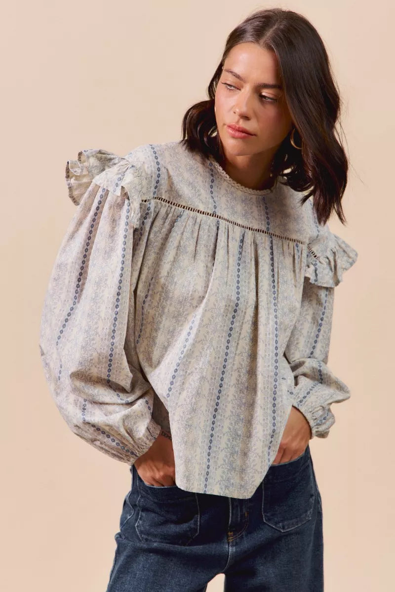 SO ME Floral Cotton Print Ruffled Long Sleeve Blouse OutfitFlow