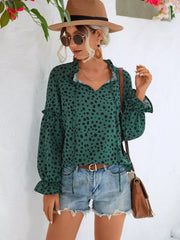 Animal Print Tie Neck Flounce Sleeve Blouse Trendsi