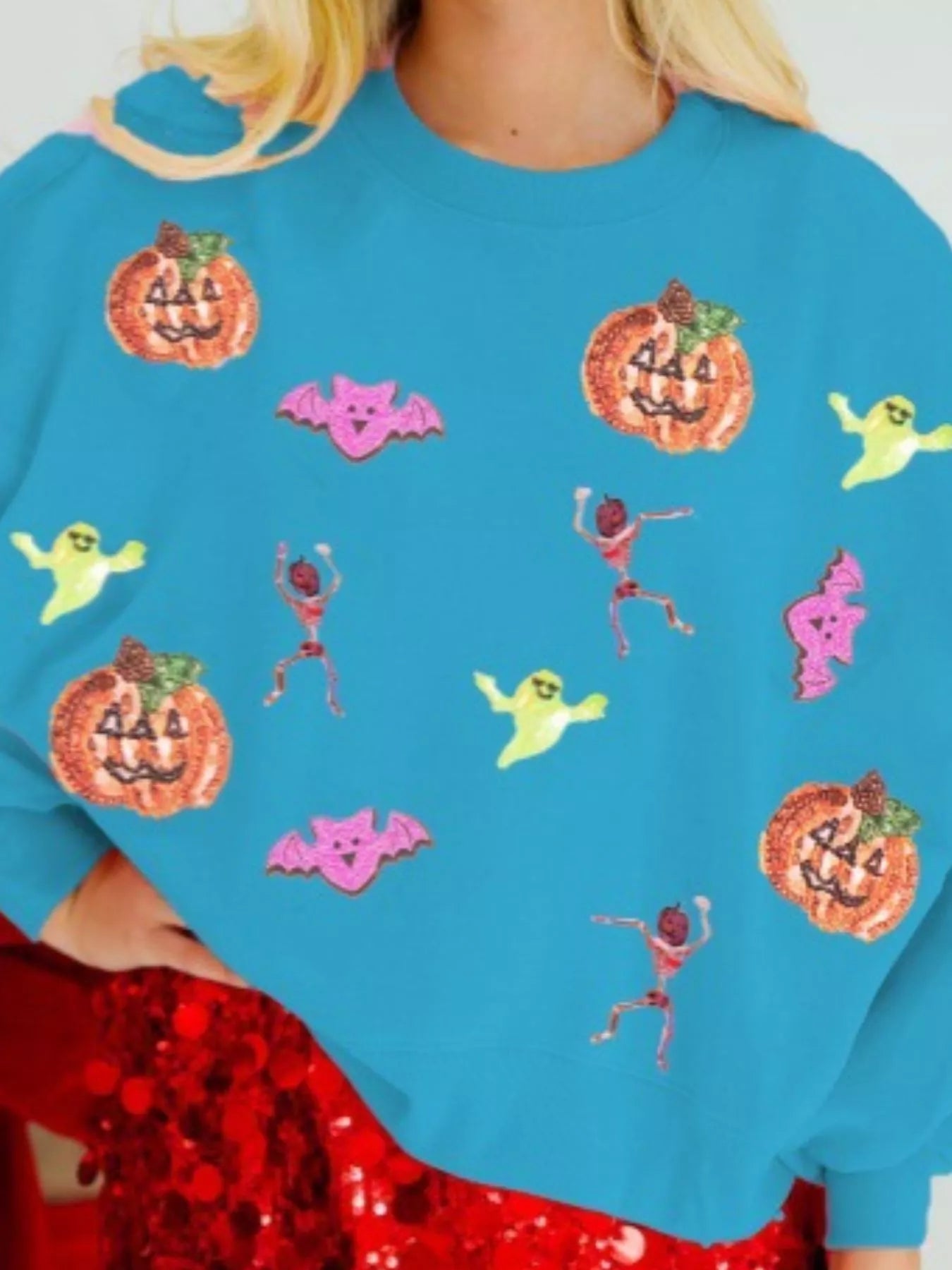 Halloween Sequin Round Neck Long Sleeve Sweatshirt Sky Blue OutfitFlow