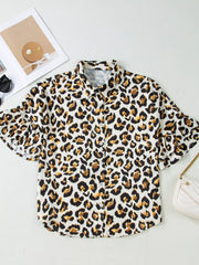 Leopard Print Ruffle Trim 3/4 Sleeve Loose Shirt Trendsi