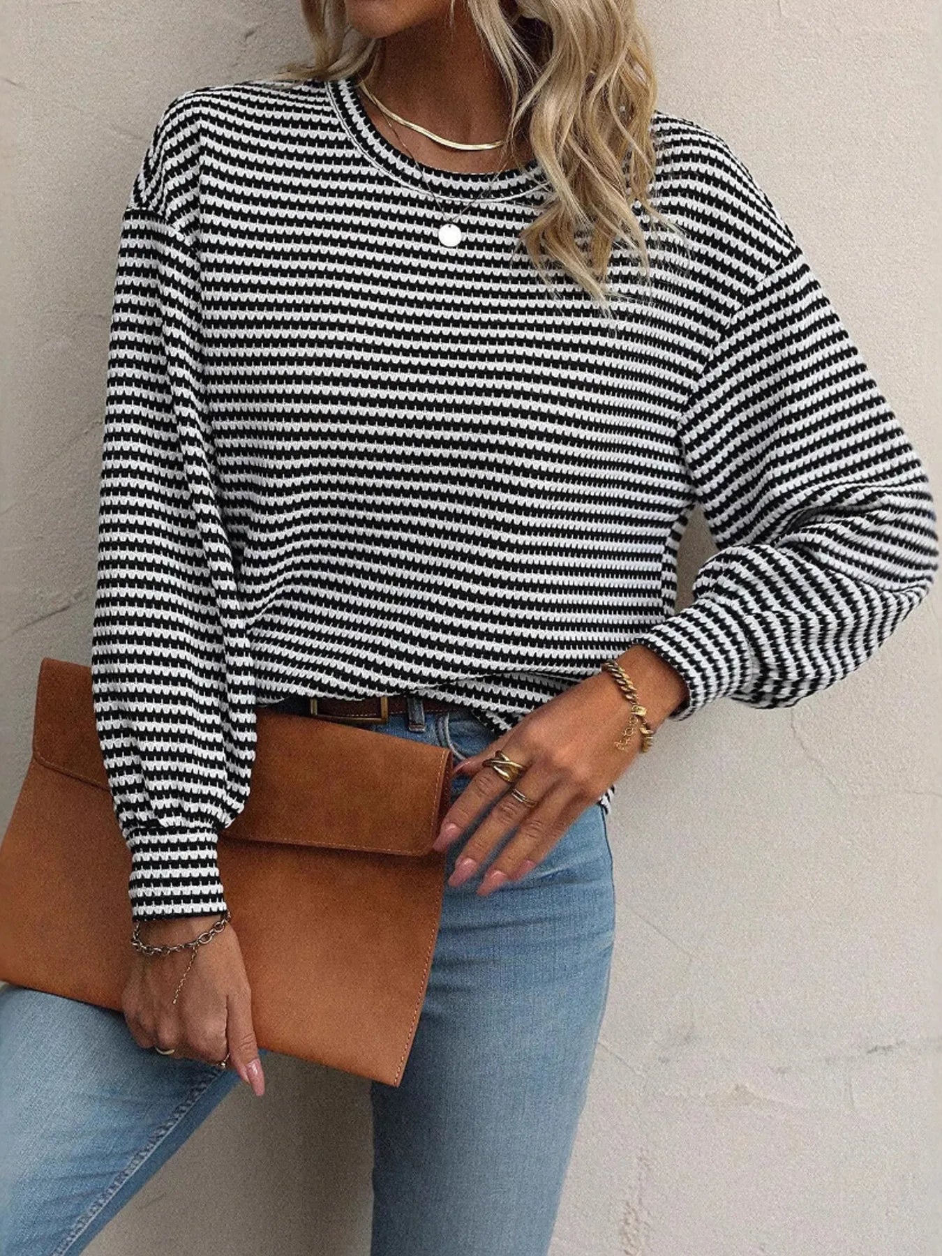 Striped Round Neck Lantern Sleeve Top OutfitFlow