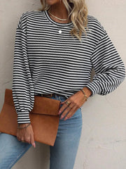 Striped Round Neck Lantern Sleeve Top OutfitFlow
