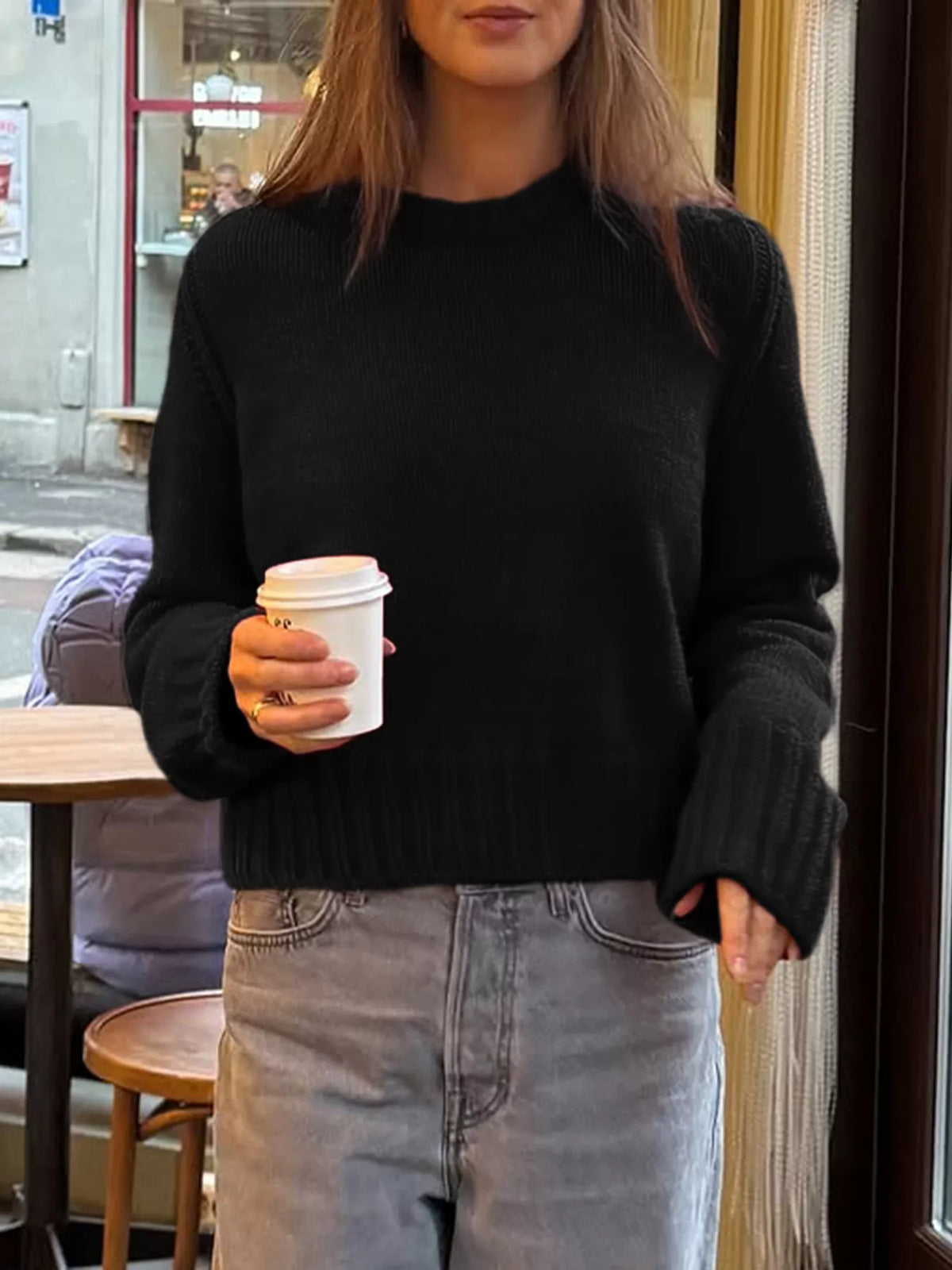 Ribbed Round Neck Sweater Black OutfitFlow