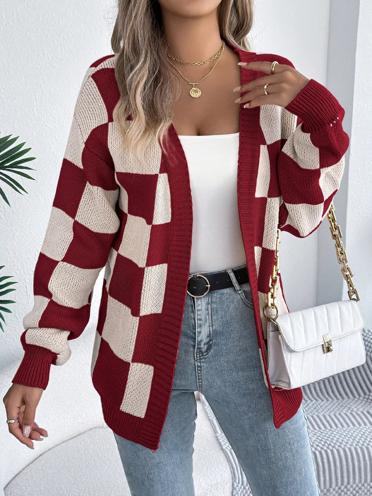 Checkered Pattern Open Front Cardigan Burgundy OutfitFlow
