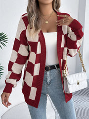 Checkered Pattern Open Front Cardigan Burgundy OutfitFlow