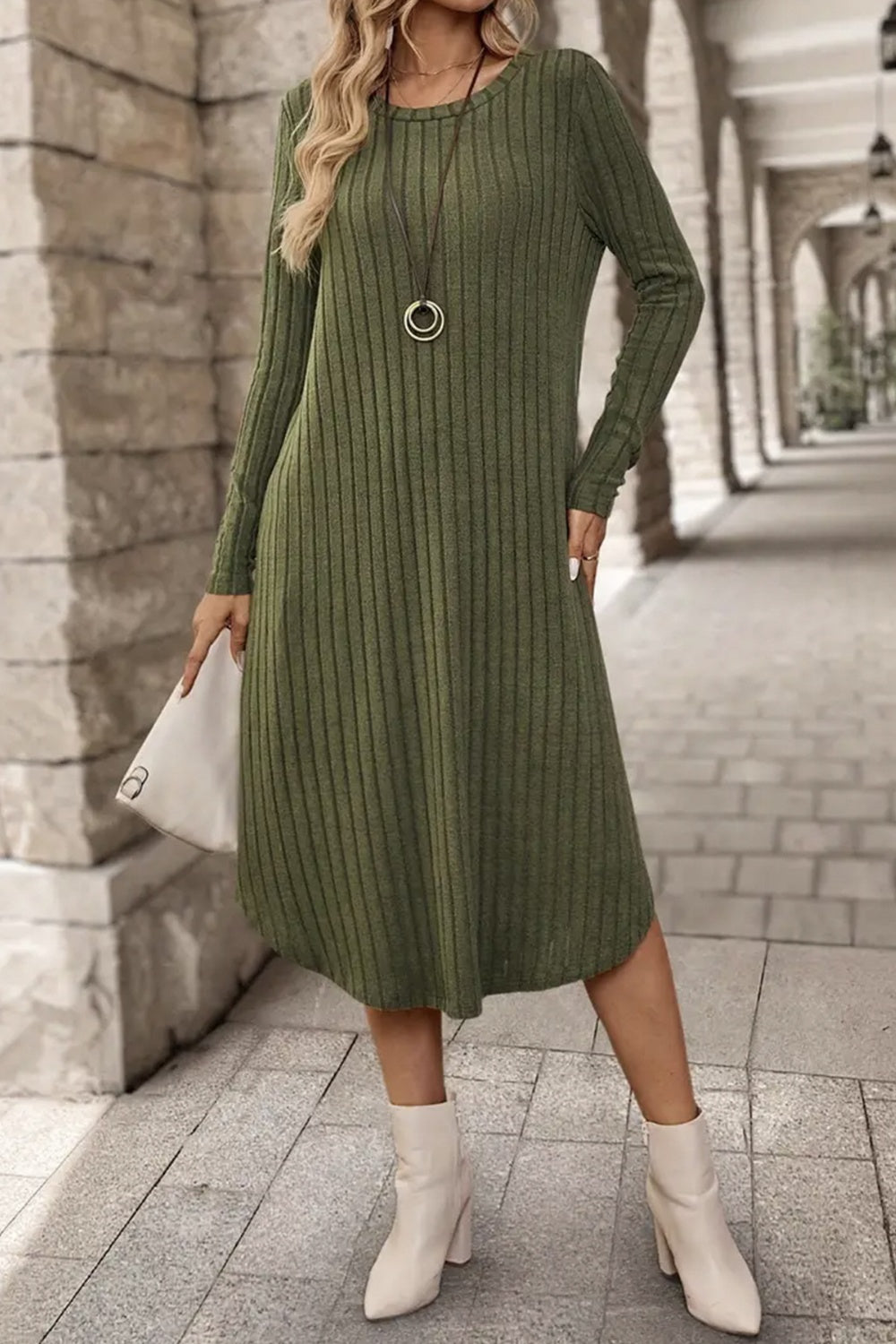 Outfit Flow - Ribbed Curved Hem Round Neck Long Sleeve Dress