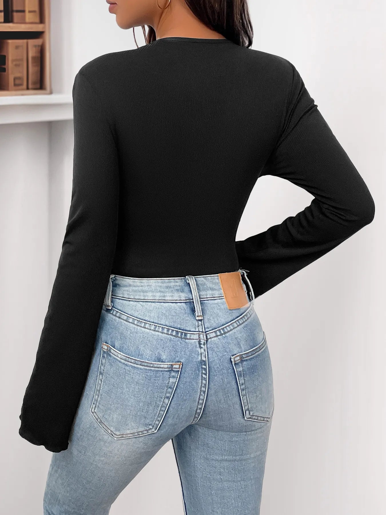 Flower Round Neck Long Sleeve Bodysuit OutfitFlow