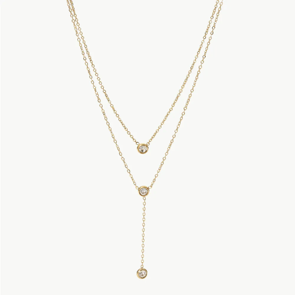 Stainless Steel Zircon Double-Layered Necklace Gold One Size OutfitFlow