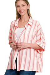 Zenana Woven Yarn-Dye Stripe Oversized Button Down Shirt WHITE CORAL OutfitFlow