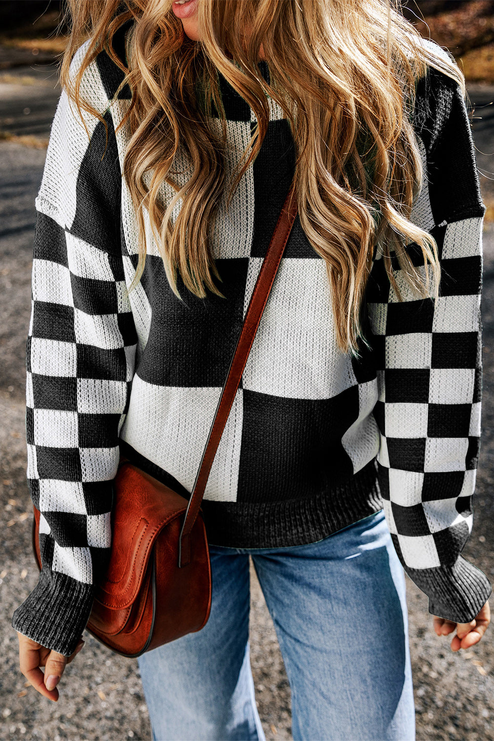 Outfit Flow - Checkered Round Neck Drop Shoulder Sweater