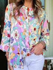 Floral Print Patchwork Frilly Neckline Long Sleeve Shirt Floral Trendsi