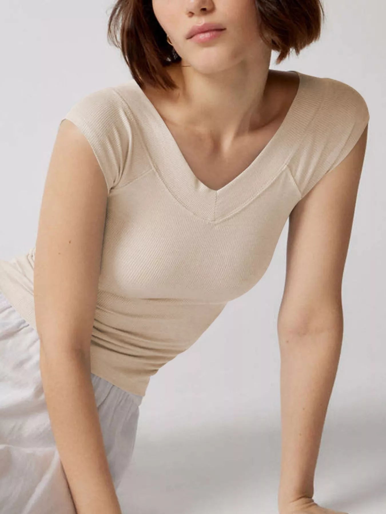 Ribbed V-Neck Cap Sleeve Fitted T-Shirt OutfitFlow