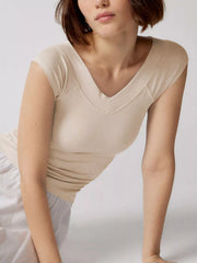 Ribbed V-Neck Cap Sleeve Fitted T-Shirt OutfitFlow